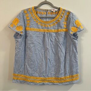 Women’s Boden blue striped yellow embroidered short sleeve blouse size Large